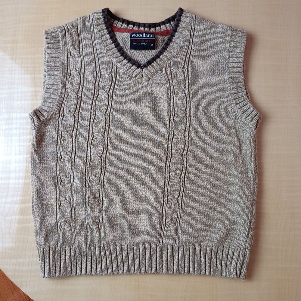 Woodland Boys Vest Knit 4T 5T XS  Brown Beige V-neck Classic Sweater Cotton 4-5